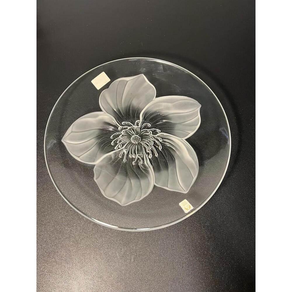 Sasaki Slovenia 1980s Frosted Glass Etched Dogwood Blossom Flower Plate, 12”